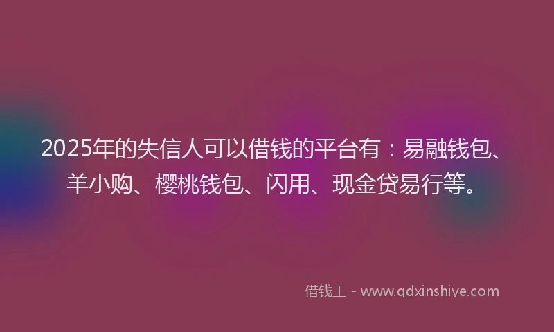 2025年的失信人可以借钱的平台有：易融钱包、羊小购、樱桃钱包、闪用、现金贷易行等。