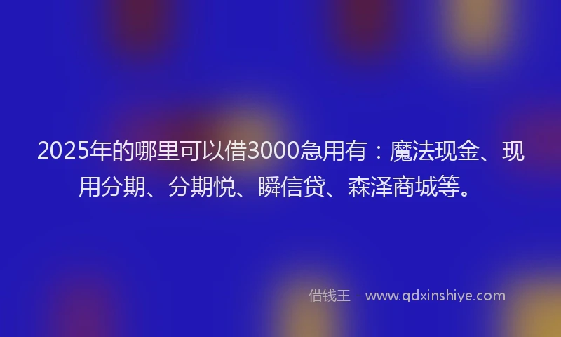 2025年的哪里可以借3000急用有：魔法现金、现用分期、分期悦、瞬信贷、森泽商城等。