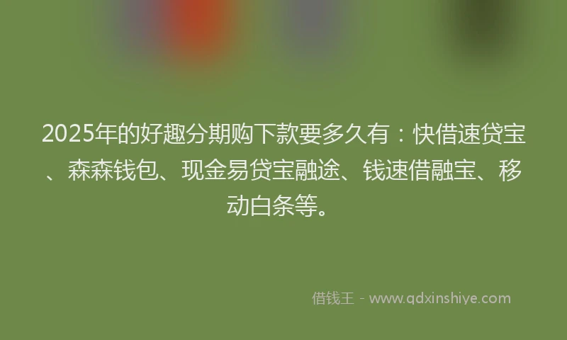 2025年的好趣分期购下款要多久有：快借速贷宝、森森钱包、现金易贷宝融途、钱速借融宝、移动白条等。