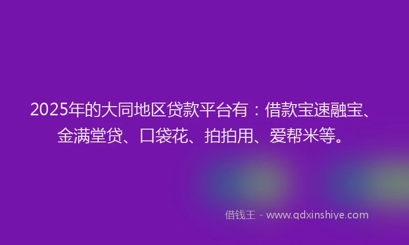 2025年的大同地区贷款平台有：借款宝速融宝、金满堂贷、口袋花、拍拍用、爱帮米等。