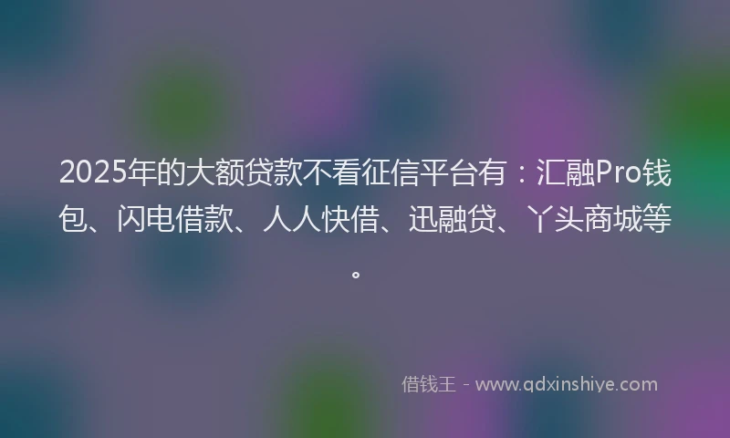 2025年的大额贷款不看征信平台有：汇融Pro钱包、闪电借款、人人快借、迅融贷、丫头商城等。