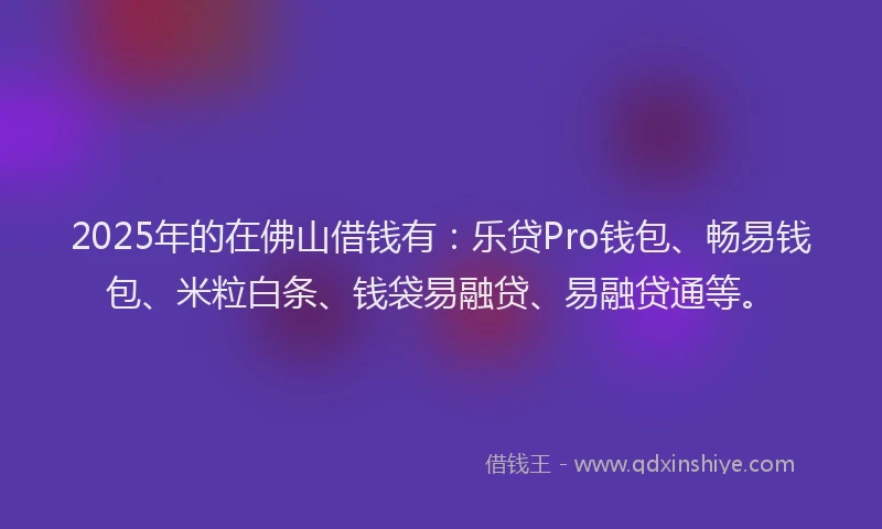2025年的在佛山借钱有：乐贷Pro钱包、畅易钱包、米粒白条、钱袋易融贷、易融贷通等。