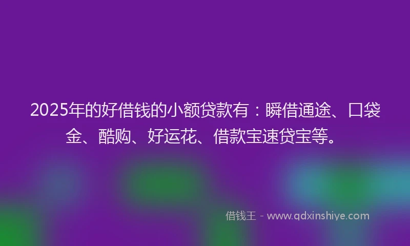 2025年的好借钱的小额贷款有：瞬借通途、口袋金、酷购、好运花、借款宝速贷宝等。