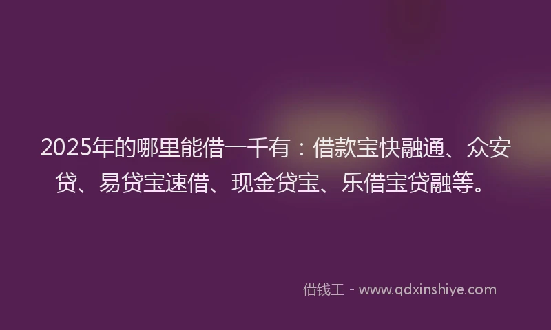 2025年的哪里能借一千有：借款宝快融通、众安贷、易贷宝速借、现金贷宝、乐借宝贷融等。
