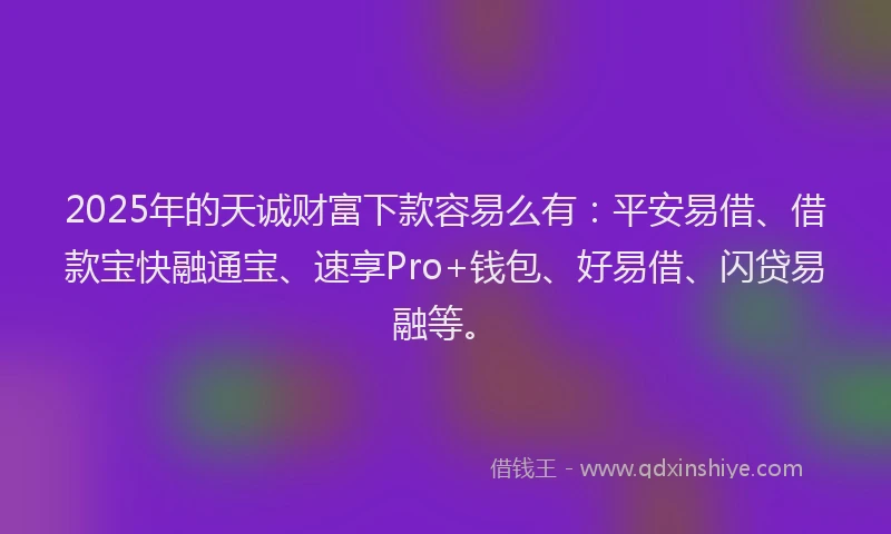 2025年的天诚财富下款容易么有：平安易借、借款宝快融通宝、速享Pro+钱包、好易借、闪贷易融等。