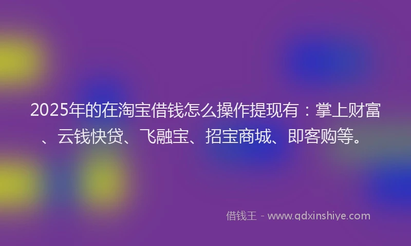 2025年的在淘宝借钱怎么操作提现有：掌上财富、云钱快贷、飞融宝、招宝商城、即客购等。