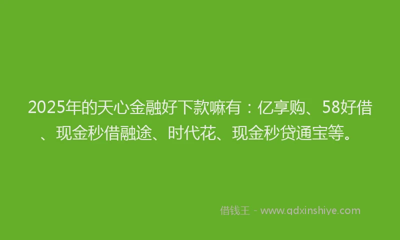 2025年的天心金融好下款嘛有：亿享购、58好借、现金秒借融途、时代花、现金秒贷通宝等。