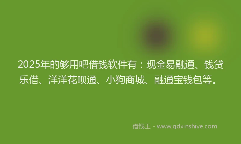 2025年的够用吧借钱软件有：现金易融通、钱贷乐借、洋洋花呗通、小狗商城、融通宝钱包等。