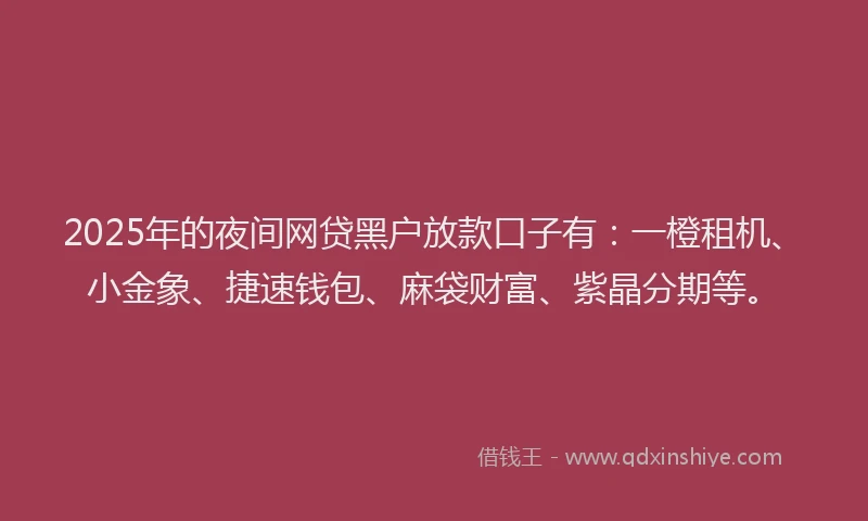 2025年的夜间网贷黑户放款口子有：一橙租机、小金象、捷速钱包、麻袋财富、紫晶分期等。