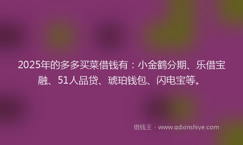 2025年的多多买菜借钱有：小金鹤分期、乐借宝融、51人品贷、琥珀钱包、闪电宝等。