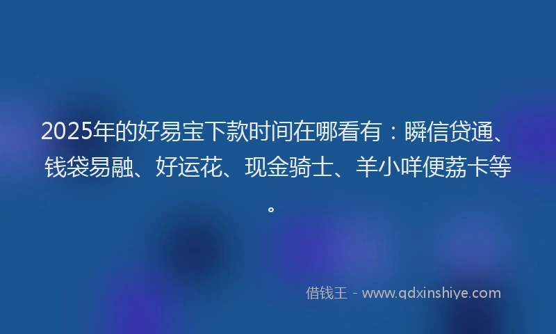 2025年的好易宝下款时间在哪看有：瞬信贷通、钱袋易融、好运花、现金骑士、羊小咩便荔卡等。