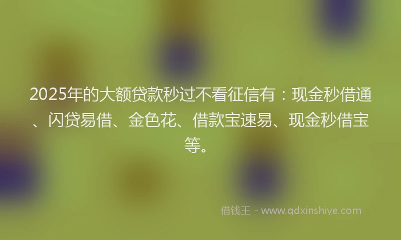 2025年的大额贷款秒过不看征信有：现金秒借通、闪贷易借、金色花、借款宝速易、现金秒借宝等。