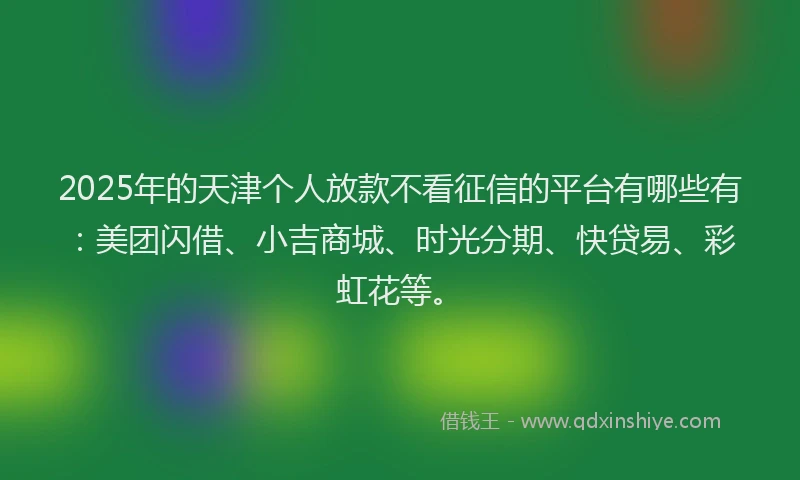2025年的天津个人放款不看征信的平台有哪些有：美团闪借、小吉商城、时光分期、快贷易、彩虹花等。