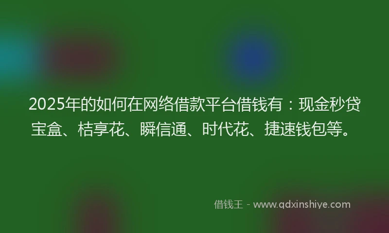 2025年的如何在网络借款平台借钱有：现金秒贷宝盒、桔享花、瞬信通、时代花、捷速钱包等。