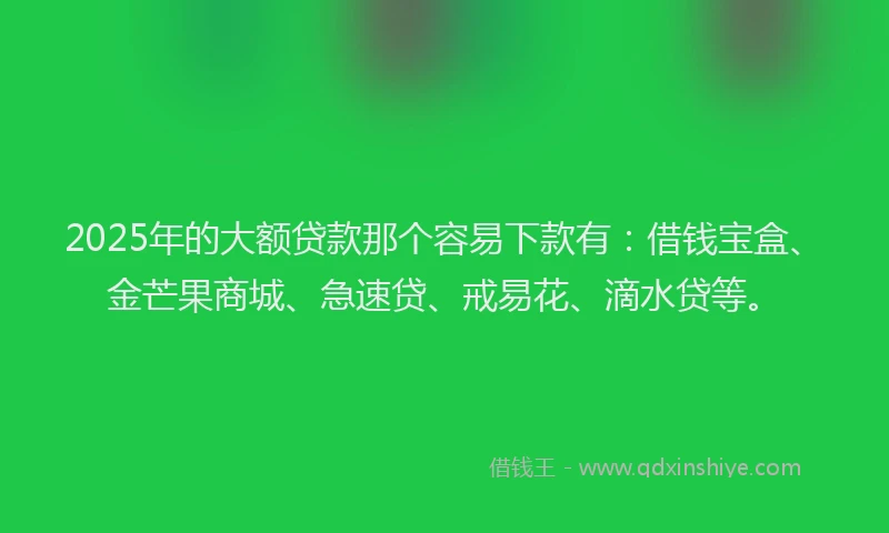 2025年的大额贷款那个容易下款有：借钱宝盒、金芒果商城、急速贷、戒易花、滴水贷等。