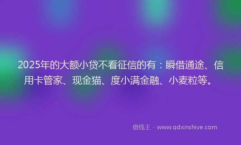 2025年的大额小贷不看征信的有：瞬借通途、信用卡管家、现金猫、度小满金融、小麦粒等。