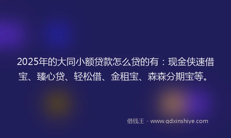 2025年的大同小额贷款怎么贷的有：现金侠速借宝、臻心贷、轻松借、金租宝、森森分期宝等。
