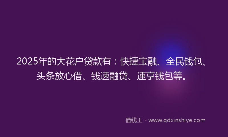 2025年的大花户贷款有：快捷宝融、全民钱包、头条放心借、钱速融贷、速享钱包等。