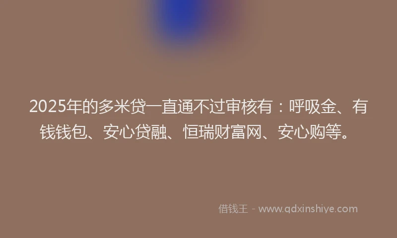 2025年的多米贷一直通不过审核有：呼吸金、有钱钱包、安心贷融、恒瑞财富网、安心购等。