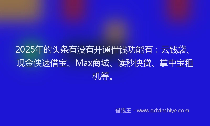 2025年的头条有没有开通借钱功能有：云钱袋、现金侠速借宝、Max商城、读秒快贷、掌中宝租机等。
