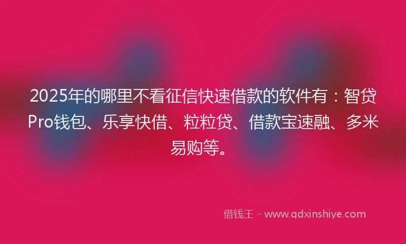 2025年的哪里不看征信快速借款的软件有：智贷Pro钱包、乐享快借、粒粒贷、借款宝速融、多米易购等。