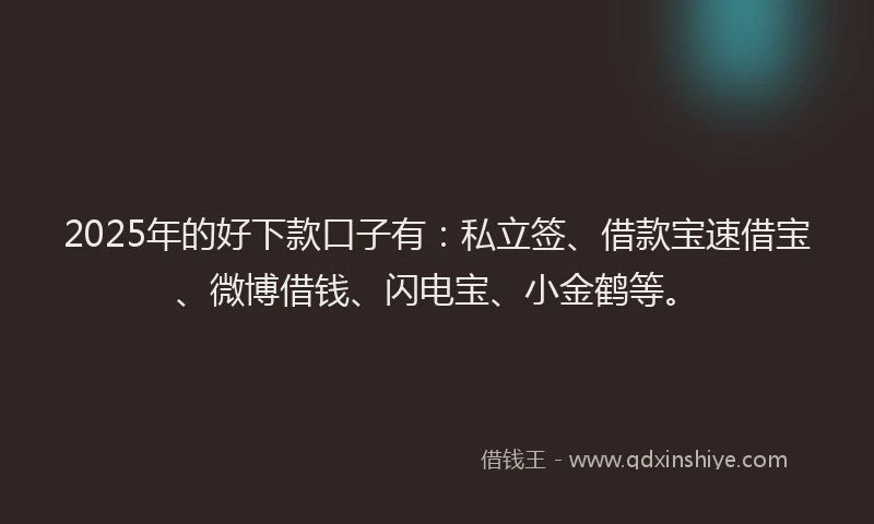 2025年的好下款口子有：私立签、借款宝速借宝、微博借钱、闪电宝、小金鹤等。