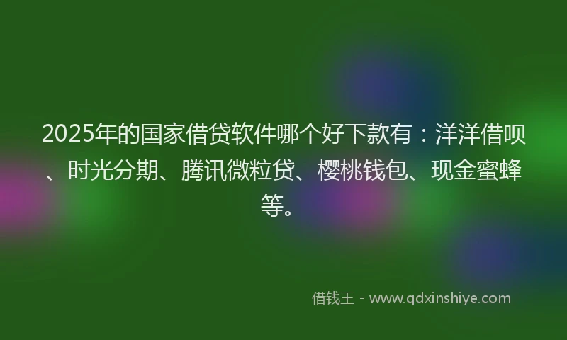 2025年的国家借贷软件哪个好下款有：洋洋借呗、时光分期、腾讯微粒贷、樱桃钱包、现金蜜蜂等。