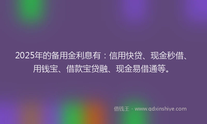 2025年的备用金利息有：信用快贷、现金秒借、用钱宝、借款宝贷融、现金易借通等。