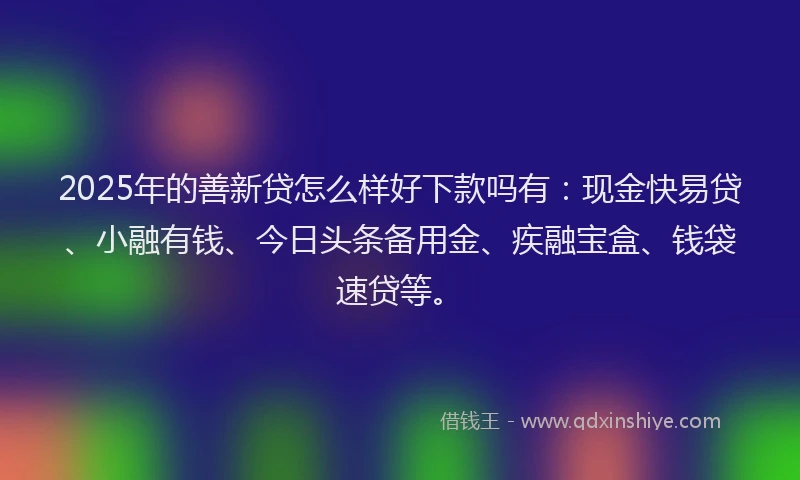 2025年的善新贷怎么样好下款吗有：现金快易贷、小融有钱、今日头条备用金、疾融宝盒、钱袋速贷等。