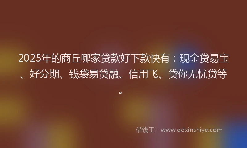 2025年的商丘哪家贷款好下款快有：现金贷易宝、好分期、钱袋易贷融、信用飞、贷你无忧贷等。