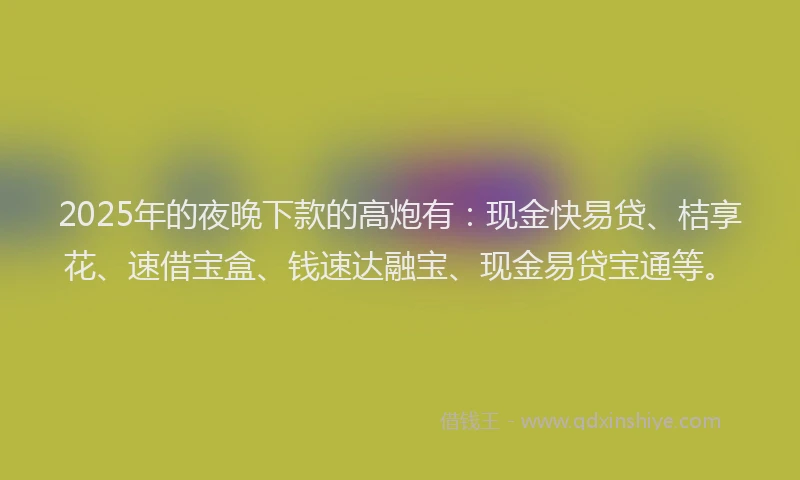2025年的夜晚下款的高炮有：现金快易贷、桔享花、速借宝盒、钱速达融宝、现金易贷宝通等。