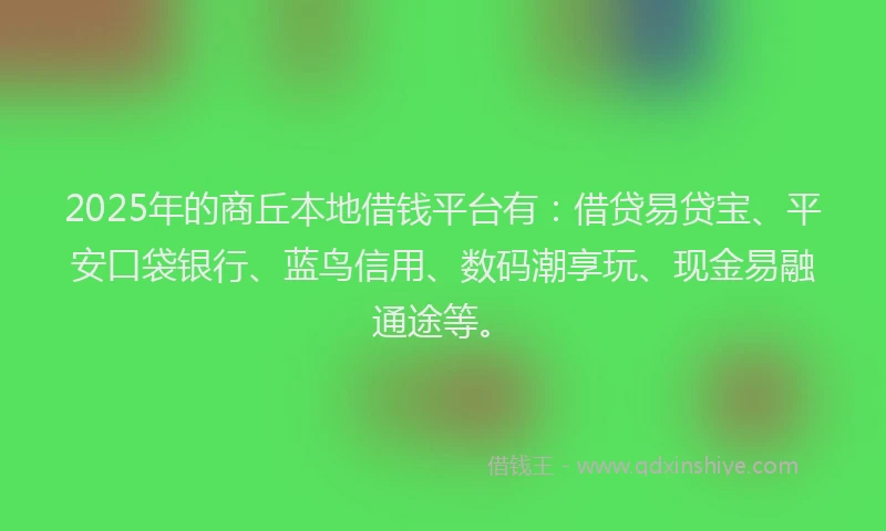 2025年的商丘本地借钱平台有：借贷易贷宝、平安口袋银行、蓝鸟信用、数码潮享玩、现金易融通途等。