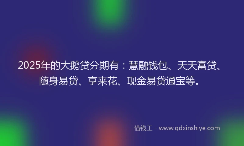 2025年的大鹅贷分期有：慧融钱包、天天富贷、随身易贷、享来花、现金易贷通宝等。