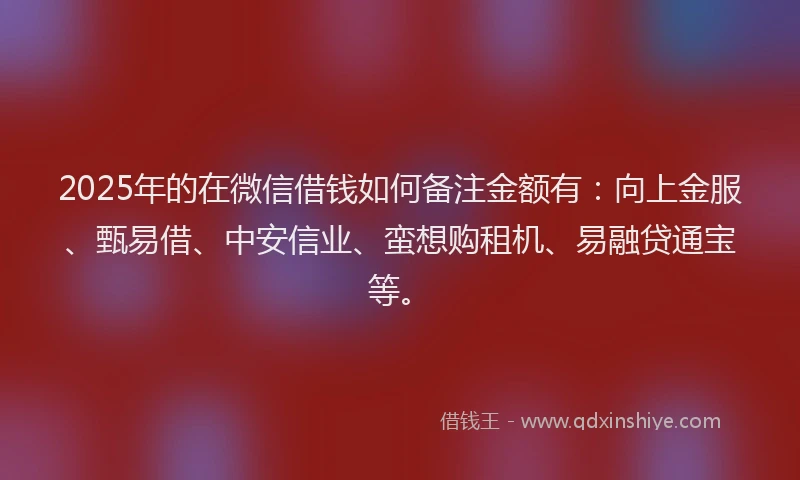 2025年的在微信借钱如何备注金额有：向上金服、甄易借、中安信业、蛮想购租机、易融贷通宝等。