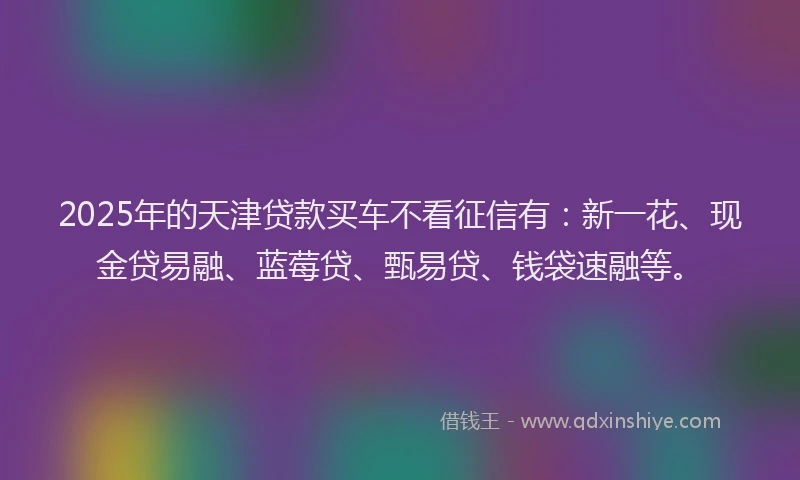 2025年的天津贷款买车不看征信有：新一花、现金贷易融、蓝莓贷、甄易贷、钱袋速融等。