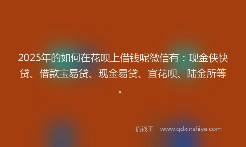 2025年的如何在花呗上借钱呢微信有：现金侠快贷、借款宝易贷、现金易贷、宜花呗、陆金所等。