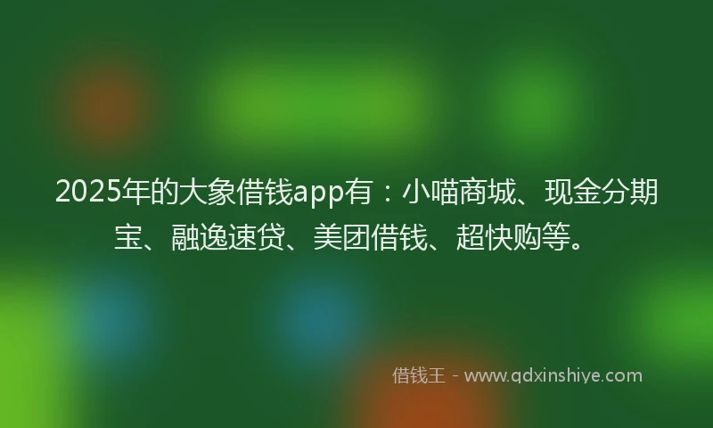2025年的大象借钱app有：小喵商城、现金分期宝、融逸速贷、美团借钱、超快购等。