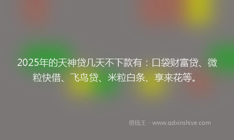 2025年的天神贷几天不下款有：口袋财富贷、微粒快借、飞鸟贷、米粒白条、享来花等。