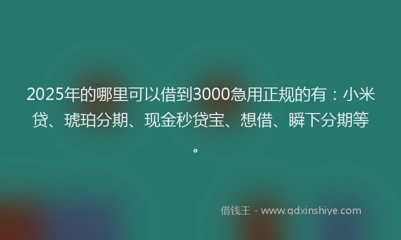 2025年的哪里可以借到3000急用正规的有：小米贷、琥珀分期、现金秒贷宝、想借、瞬下分期等。