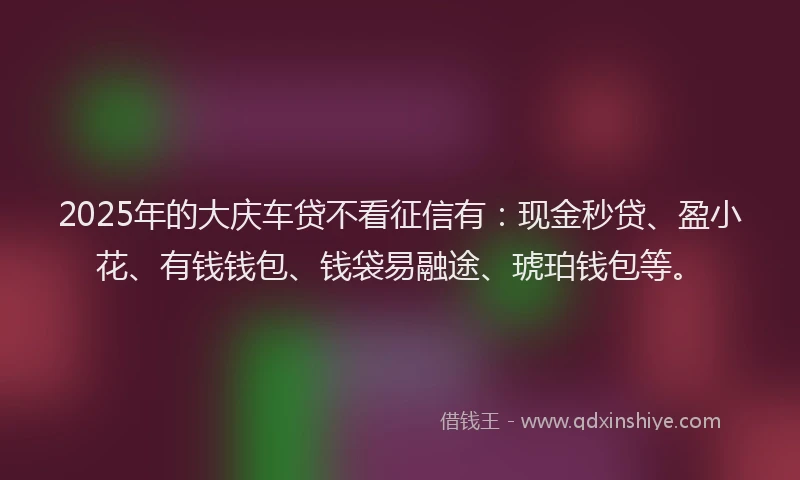 2025年的大庆车贷不看征信有：现金秒贷、盈小花、有钱钱包、钱袋易融途、琥珀钱包等。