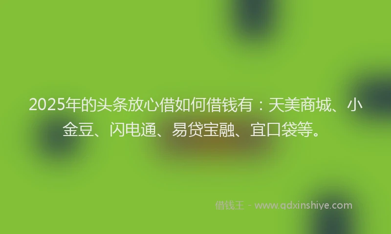 2025年的头条放心借如何借钱有：天美商城、小金豆、闪电通、易贷宝融、宜口袋等。