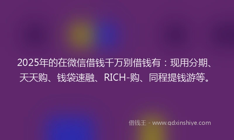 2025年的在微信借钱千万别借钱有：现用分期、天天购、钱袋速融、RICH-购、同程提钱游等。