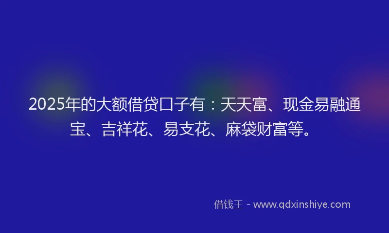 2025年的大额借贷口子有：天天富、现金易融通宝、吉祥花、易支花、麻袋财富等。
