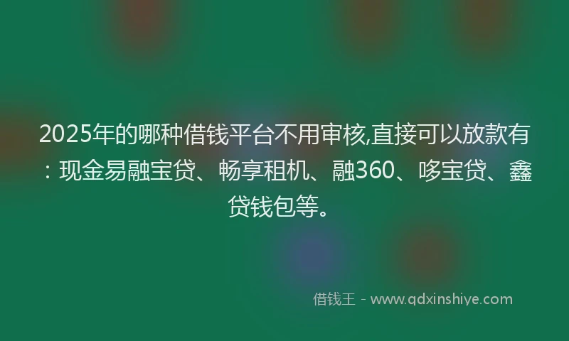 2025年的哪种借钱平台不用审核,直接可以放款有：现金易融宝贷、畅享租机、融360、哆宝贷、鑫贷钱包等。