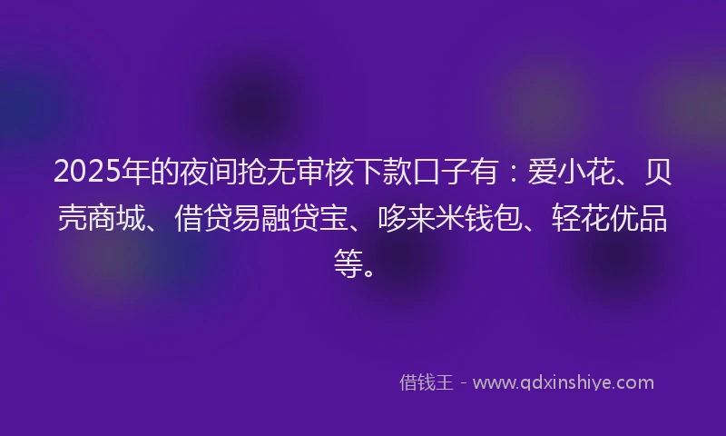 2025年的夜间抢无审核下款口子有：爱小花、贝壳商城、借贷易融贷宝、哆来米钱包、轻花优品等。