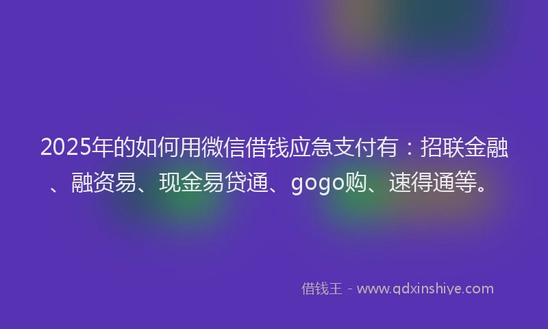 2025年的如何用微信借钱应急支付有：招联金融、融资易、现金易贷通、gogo购、速得通等。