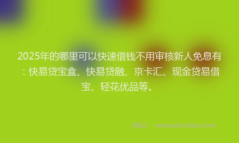 2025年的哪里可以快速借钱不用审核新人免息有：快易贷宝盒、快易贷融、京卡汇、现金贷易借宝、轻花优品等。