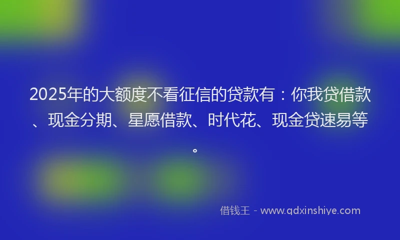 2025年的大额度不看征信的贷款有：你我贷借款、现金分期、星愿借款、时代花、现金贷速易等。