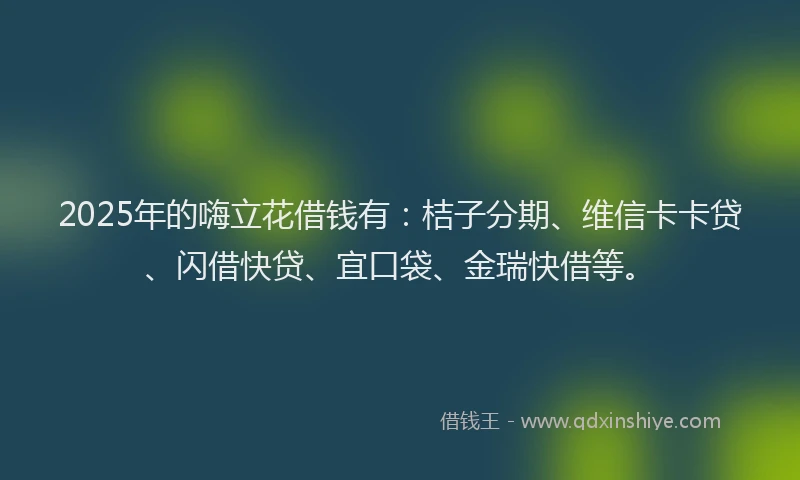 2025年的嗨立花借钱有：桔子分期、维信卡卡贷、闪借快贷、宜口袋、金瑞快借等。