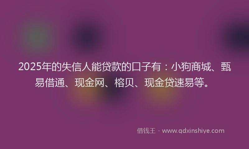 2025年的失信人能贷款的口子有：小狗商城、甄易借通、现金网、榕贝、现金贷速易等。
